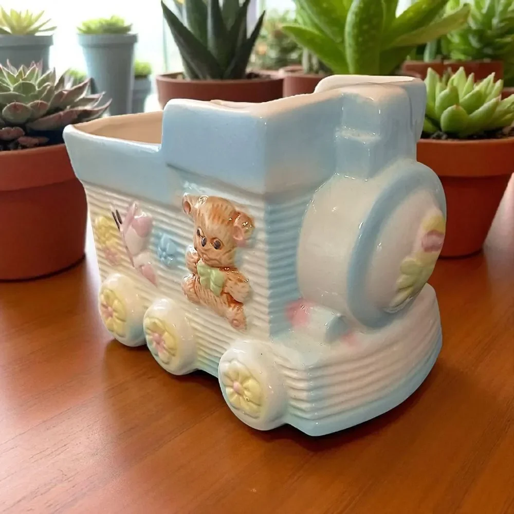 Vintage Baby Planter Decor Vase Ceramic Train Bear Butterfly‎ Colorful Large MCM